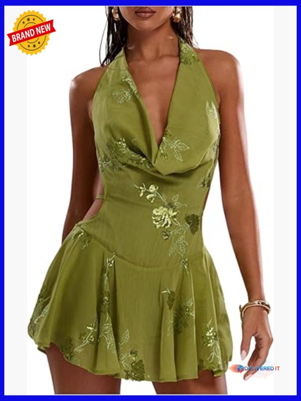 Floral Sequin Halter Mini Dress A-Line Backless Casual Polyester